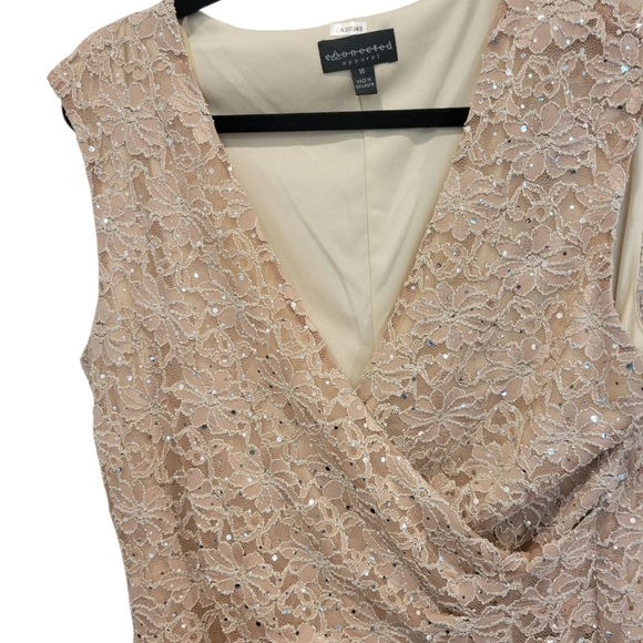 Beige Sheath Midi Dress with V-Neck for Wedding Guest Formal Special Occasion - Picture 2 of 9